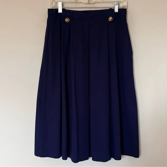 Vintage Navy Pleated Midi Skirt High Waist Gold Button - Picture 2 of 9